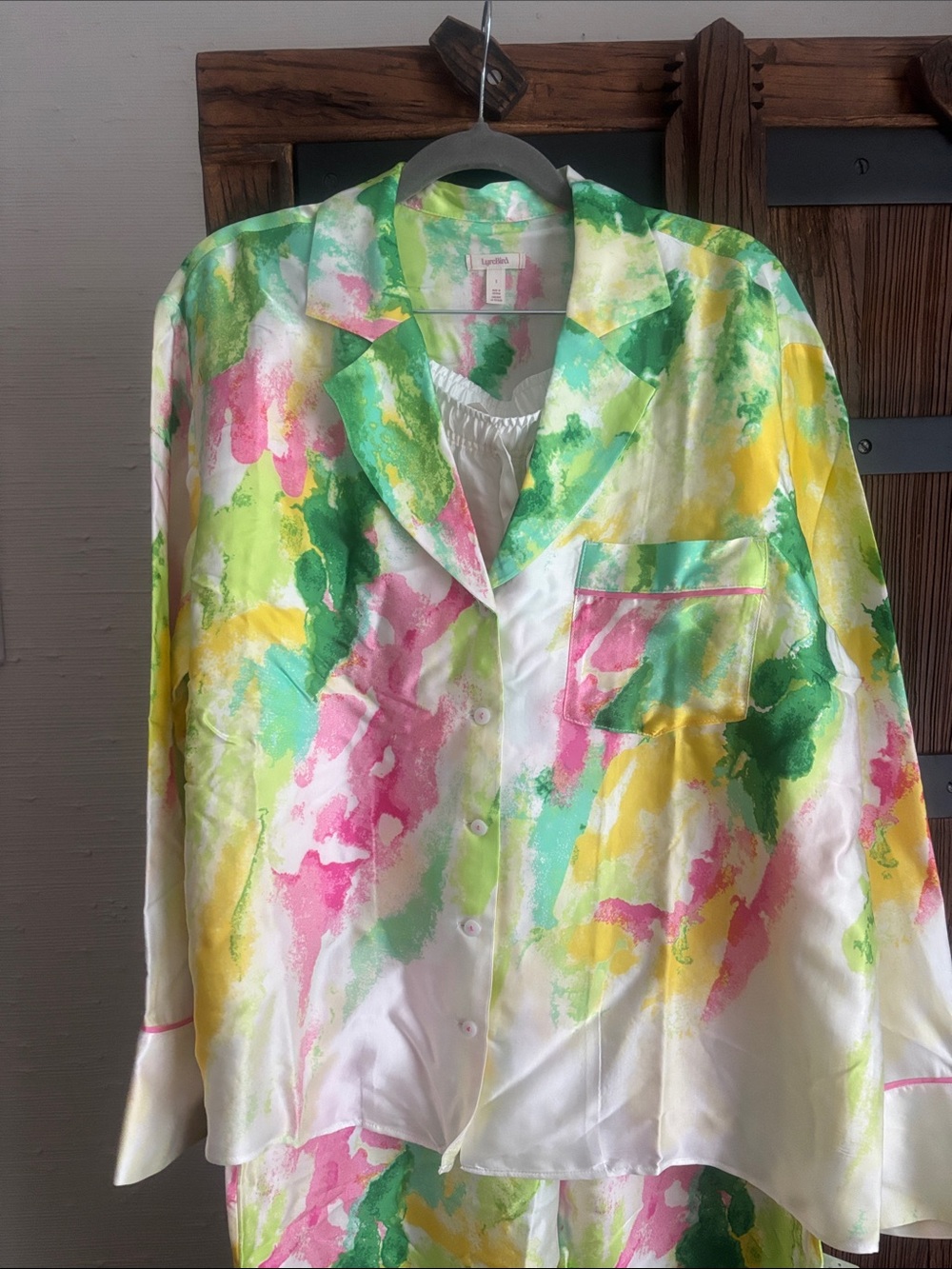 NWT Lyrebird from Anthro Silky Watercolor Pajama Set in Green, Pink & Yellow - Picture 7 of 11